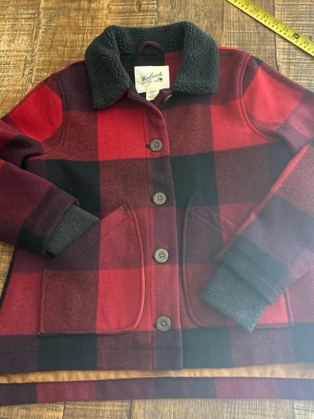 Woolrich women’s Red and Black Buffalo Plaid Coat with Sherpa Collar